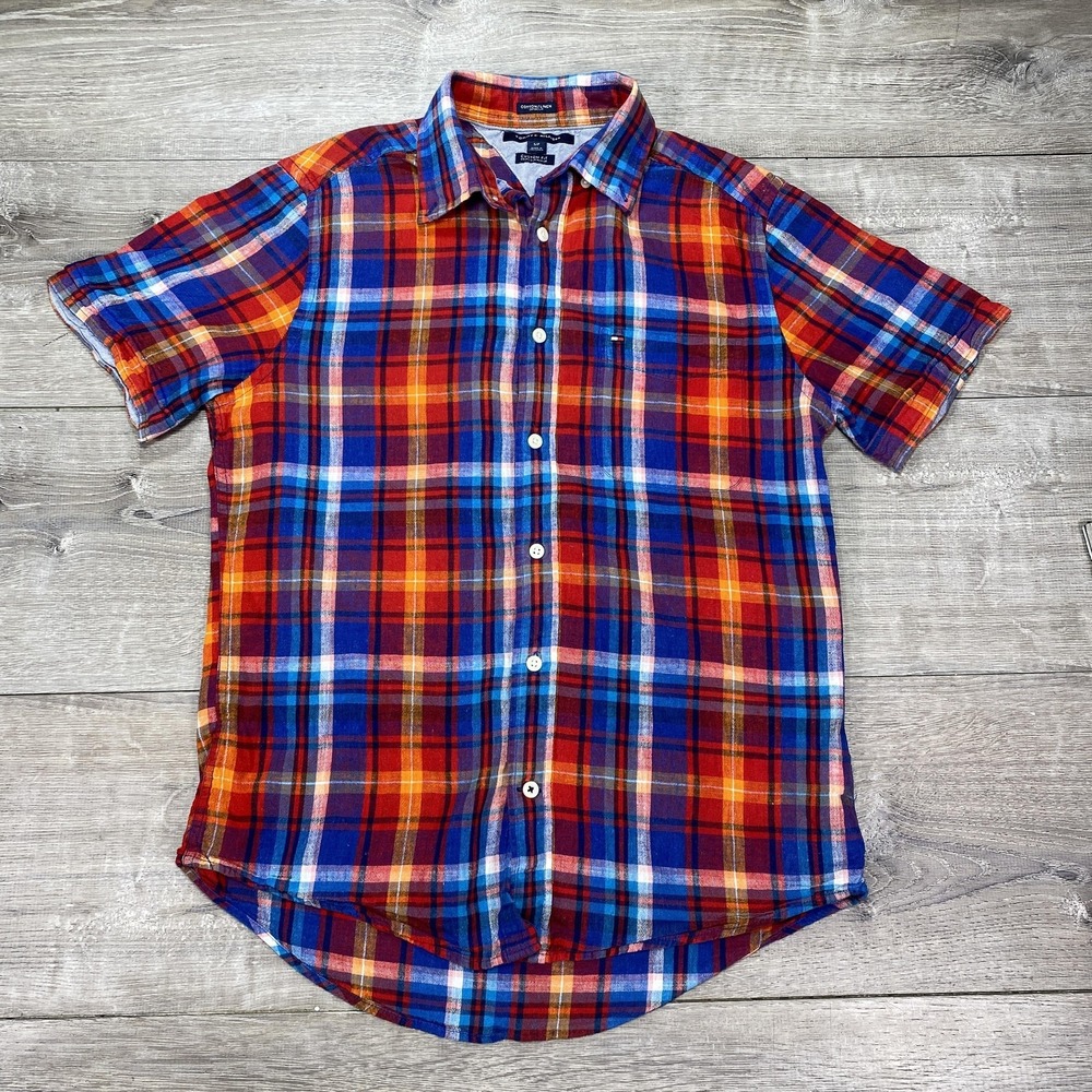 Tommy Hilfiger Shirt Mens Small Red‎ Plaid Short Sleeve Madras Linen Button Down